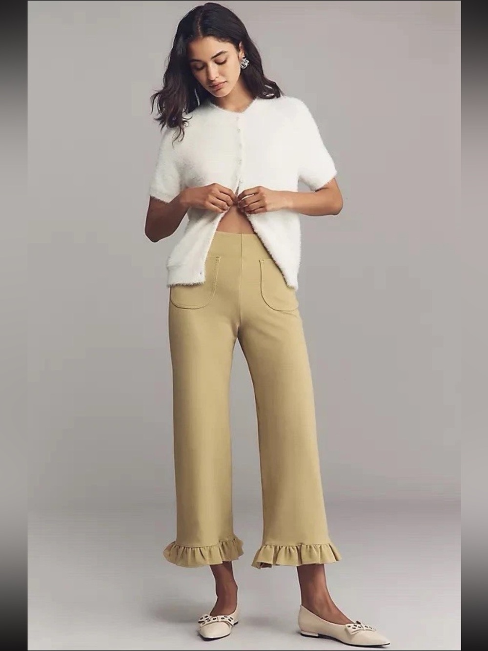 MAEVE The Colette Ruffle-Hem Wide-Leg Trousers Olive 26 NEW